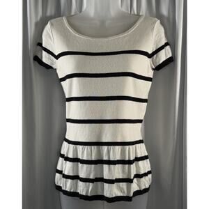 Ann Taylor LOFT Striped Short Sleeves Peplum Top Ivory Black S preppy chic 79-05